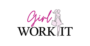 Logo of company called Girl Work It. Pink and Black colored text with an icon of a working woman.